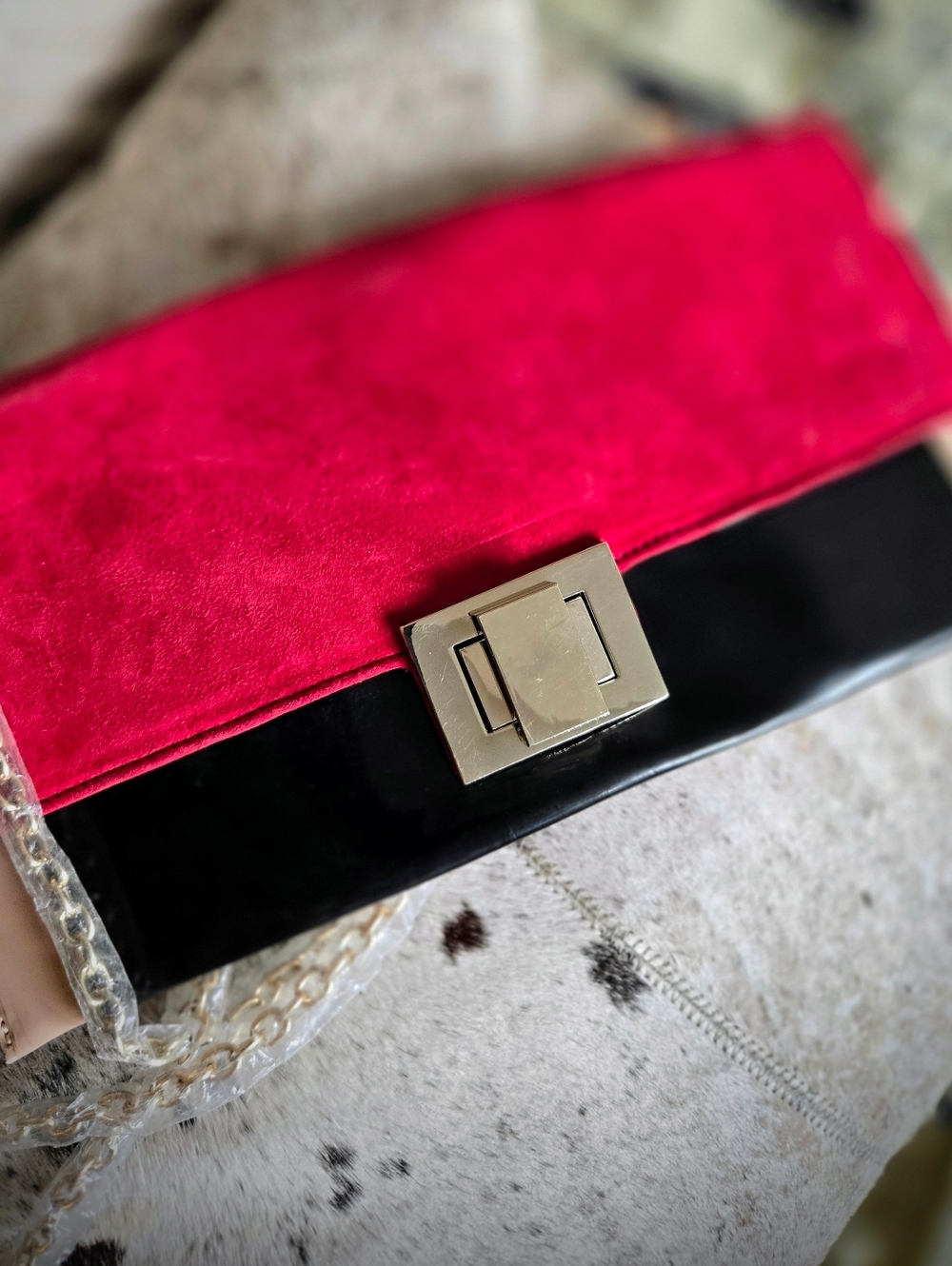 Vintage Colorblock Suede & Patent Leather Chain Crossbody/Clutch